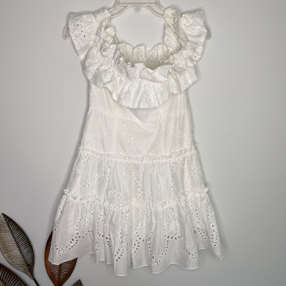 C24 Zara White Eyelet Embroidery Off The Shoulder Tiered Mini Dress Small - Picture 5 of 12